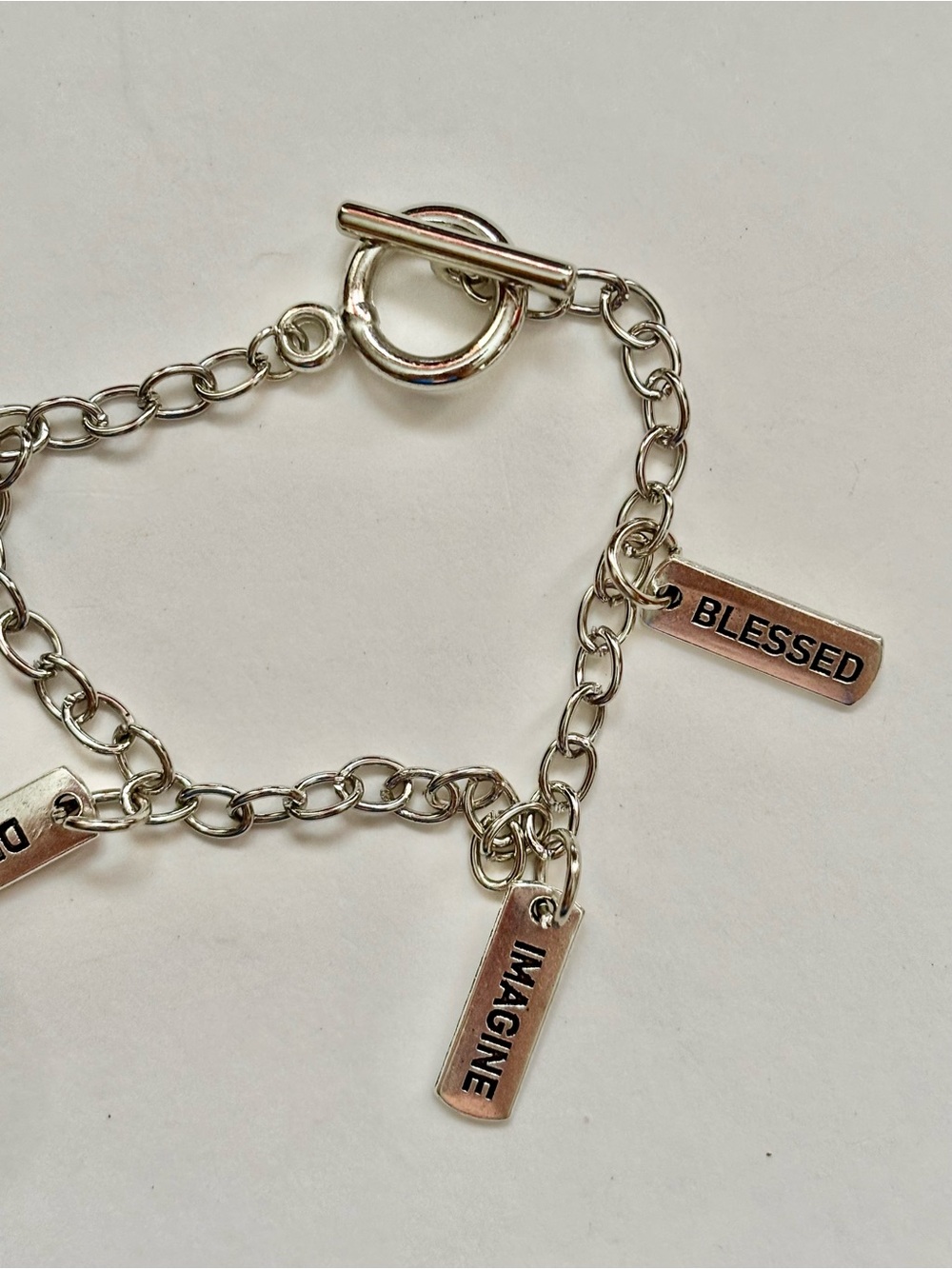 Silver Tone 'Blessed' & 'Imagine' Charm Toggle Bracelet